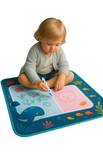 Toddler drawing on a reusable aqua magic mat with underwater-themed illustrations