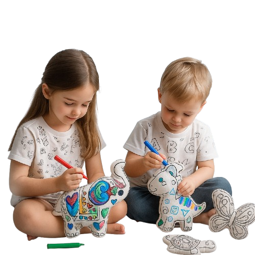 Two children coloring stuffed animal toys with fabric markers
