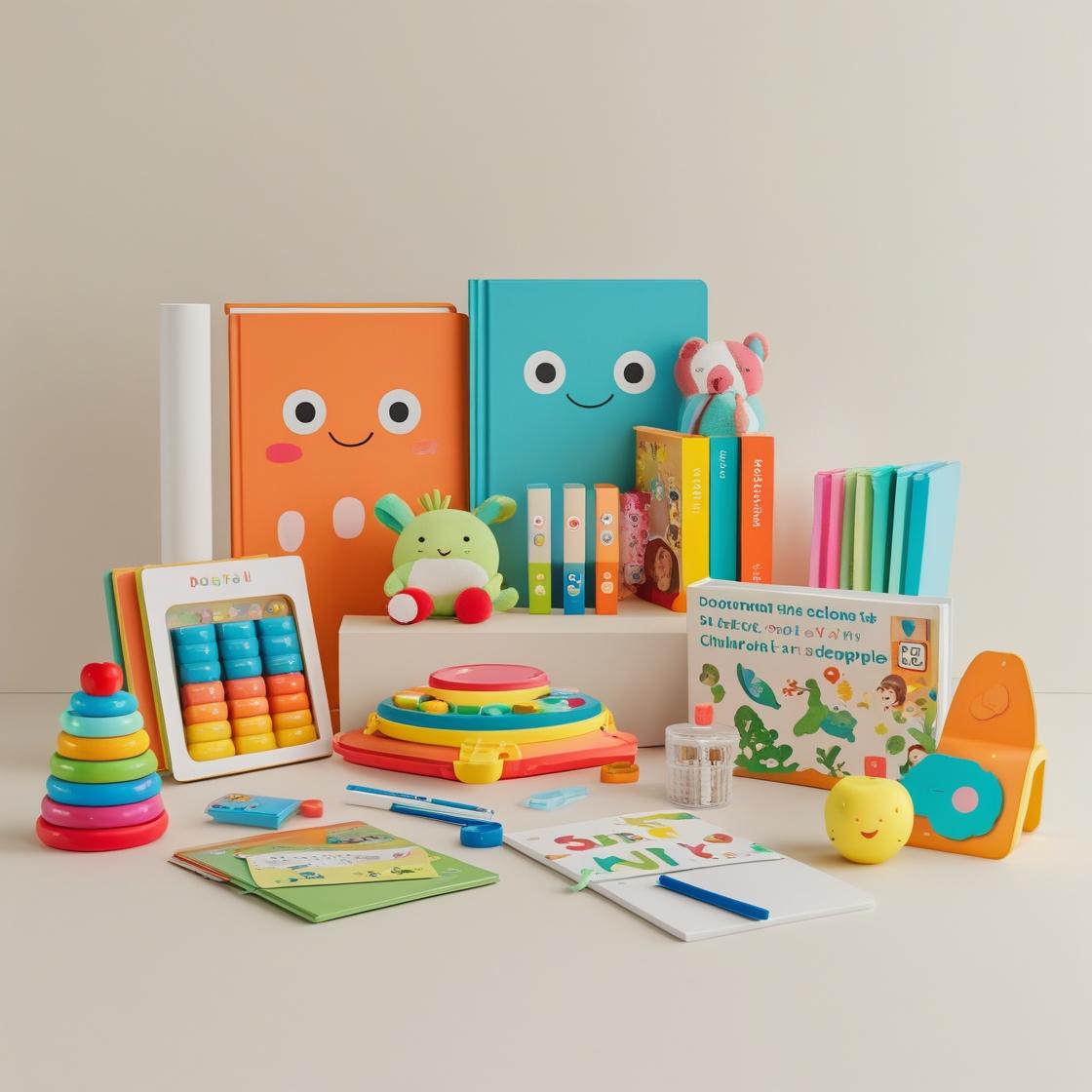 Colorful kids learning toys and educational supplies including books, stacking rings, and activity sets