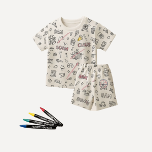 Customizable kids clothing kit with fabric markers and plain clothes for children to design and color, promoting creativity and personalized fashion.