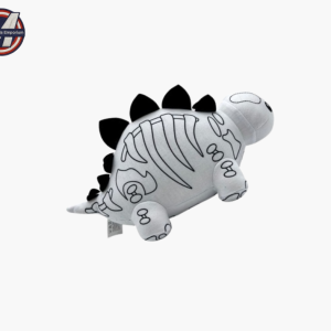 Stegosaurus-shaped plush colouring pillow with bold black outline on white fabric