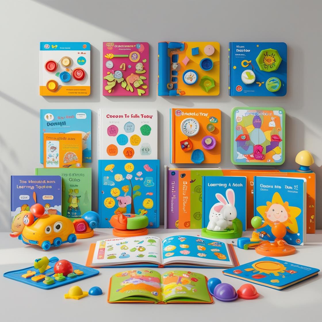 A vibrant collection of educational toys and interactive learning books for young children, featuring Montessori toys, STEM-themed games, colorful activity books, busy boards, and playful vehicle toys on display.