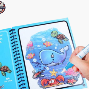 Spiral-bound reusable Magic Water Painting Book opened to an ocean scene, with a child’s hand holding the refillable water pen.