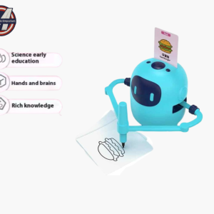 Blue STEM drawing robot tracing a hamburger outline into a cute colouring page, top baby toys & kids toys in Dubai