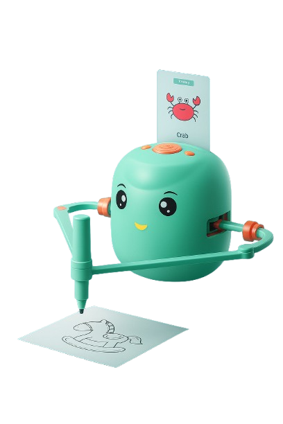 Cute drawing robot for kids with a card showing a crab and robot arm sketching a drawing