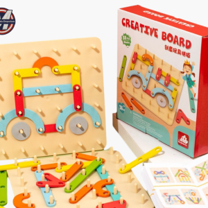Wooden Montessori shape-matching puzzle board with colorful blocks and matching cards by Mini Marvels Emporium
