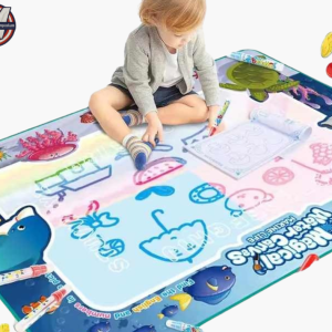 Child using a reusable magic water drawing mat with ocean creatures and refillable water pens by Mini Marvels Emporium