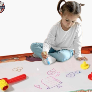 Young child sitting on a floor mat and drawing with water pens on a reusable water drawing mat by Mini Marvels Emporium