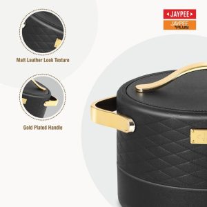 Close-up of a high-end 3-piece thermal casserole set, showing the textured exterior and chrome handles.