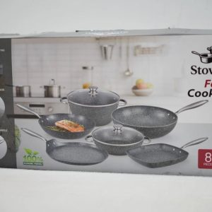 Box packaging for Stovewell Forged Cookware 8 Pieces set, showing a collage of the included pots and pans, mentioning 'Healthy Marble Coating' and 'Stainless Steel Handle'.