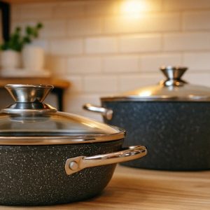 Two dark grey, granite-look casserole pots with glass lids and stainless steel handles sitting on a wooden kitchen counter with subway tile backsplash.