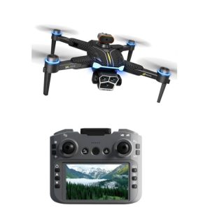 Foldable Z104 GPS UAV Drone on rock with feature badges: Brushless Motor, Obstacle Avoidance, Optical Flow Hovering