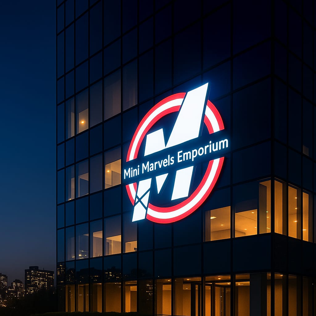 Mini Marvels Emporium logo illuminated on a modern glass office building at night in Dubai.